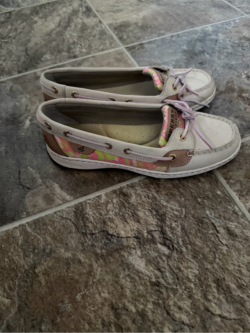 Sperry Women’s White and Pink Patterned Boat Shoes
